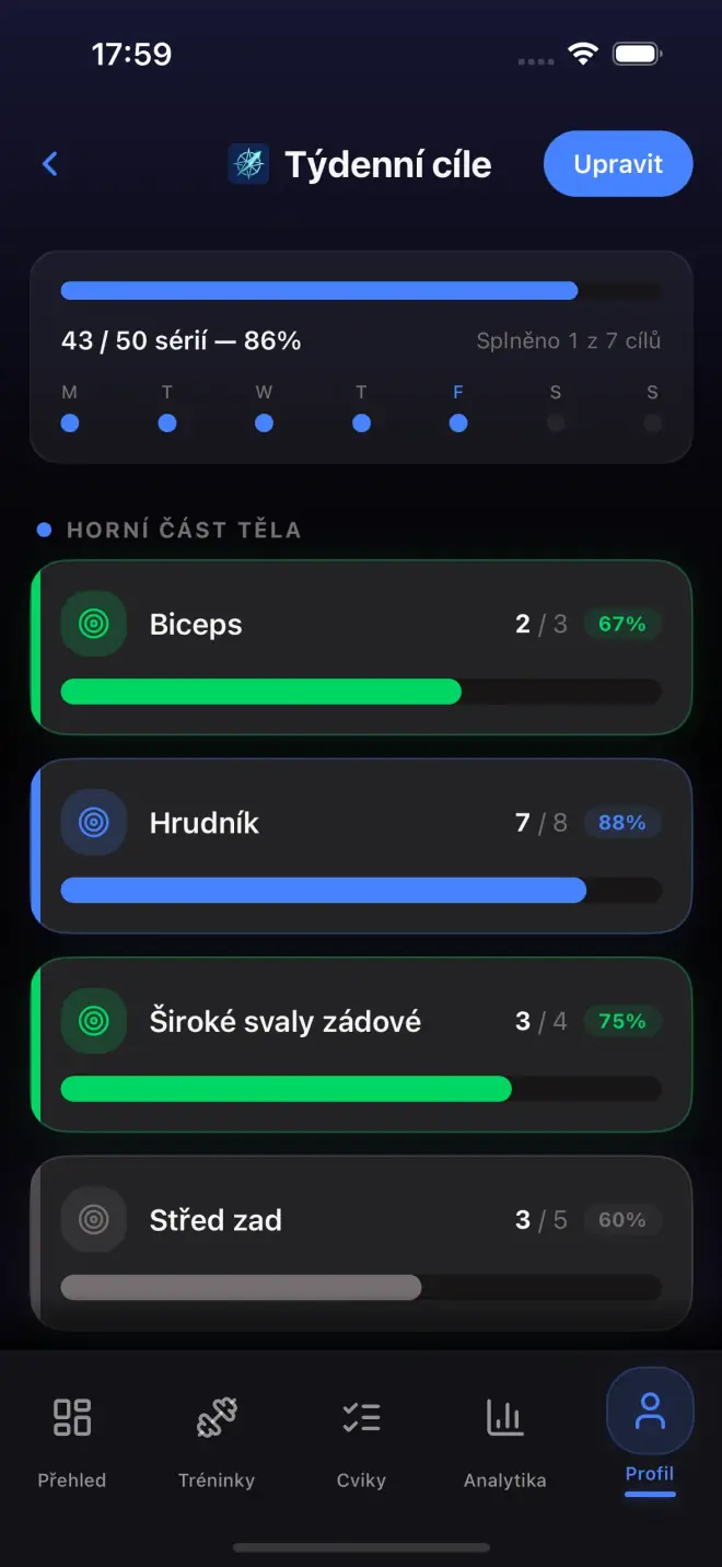 Weekly goals screen with muscle group targets