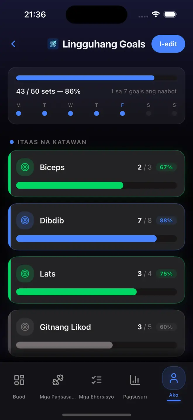 Weekly goals screen with muscle group targets